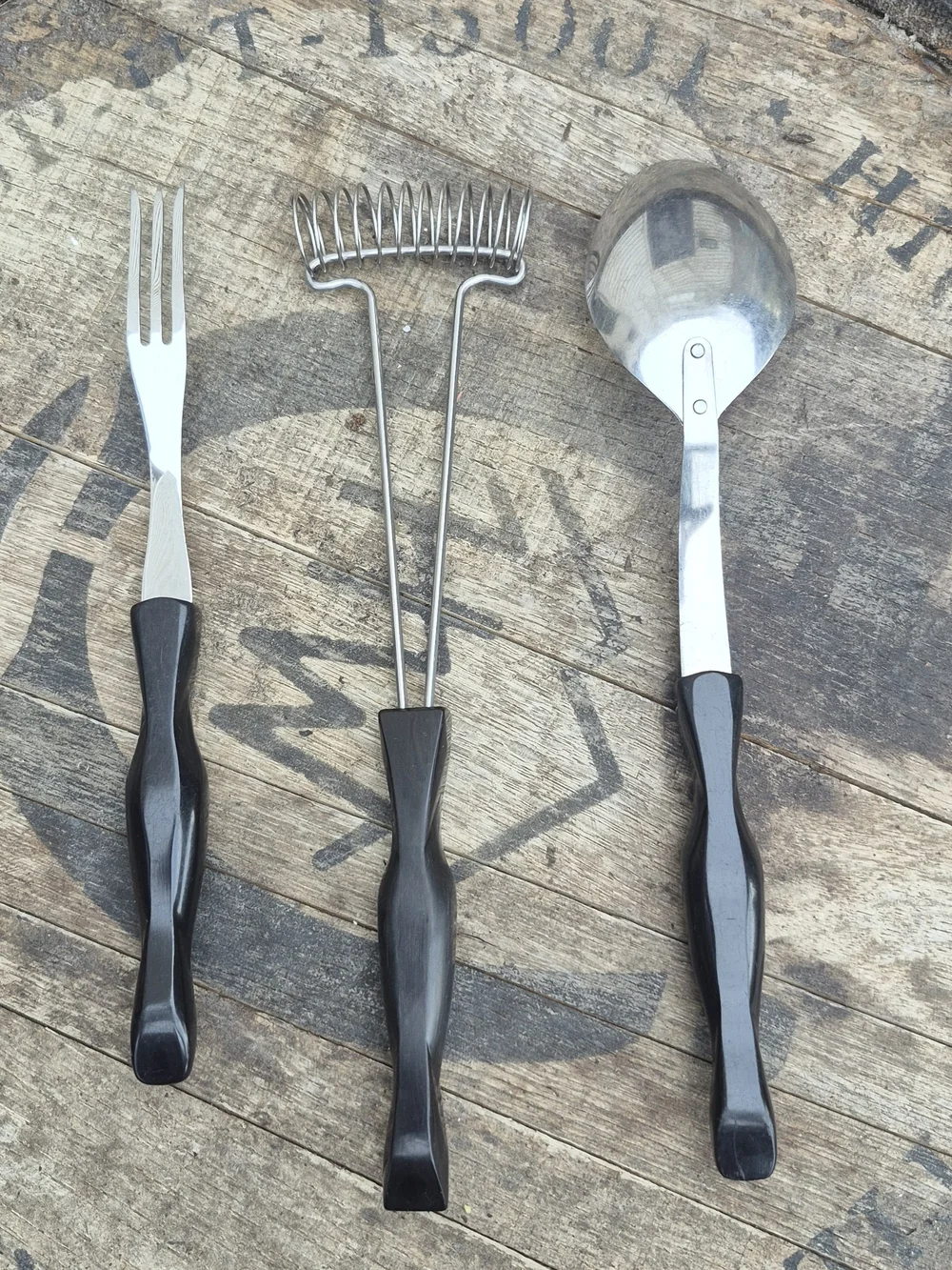 Cutco Black Handle Serving Spoon Fork and Masher Set